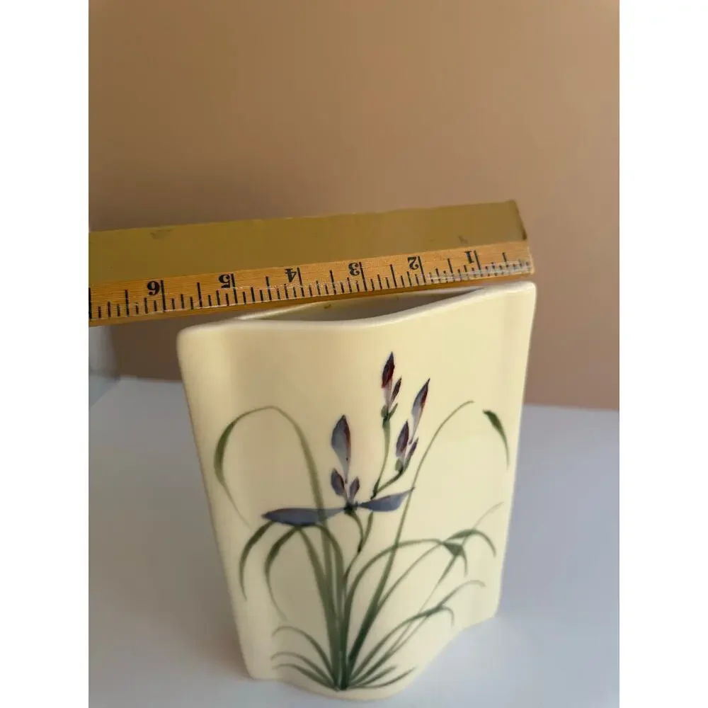 Signed Studio Pottery Vase | Purple Iris Art  Hand Painted Floral Vase Botanical